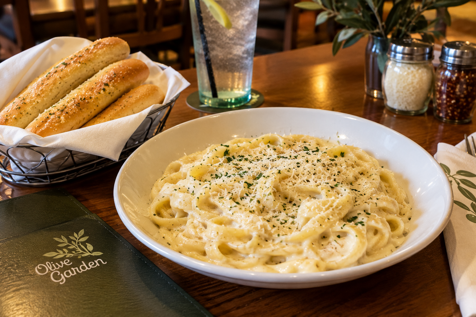 Plate of creamy Alfredo pasta with breadsticks on a restaurant table