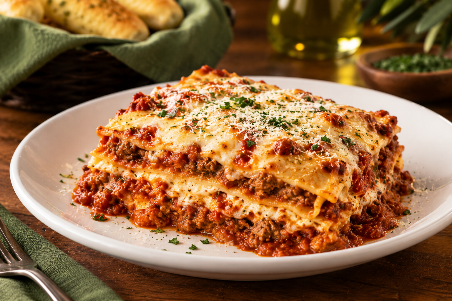 Slice of baked lasagna with meat sauce and melted cheese