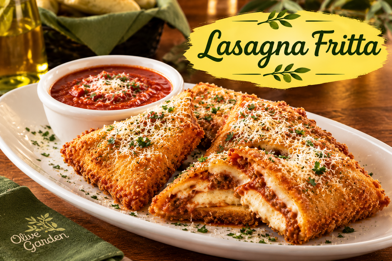 Crispy fried lasagna bites with meat sauce