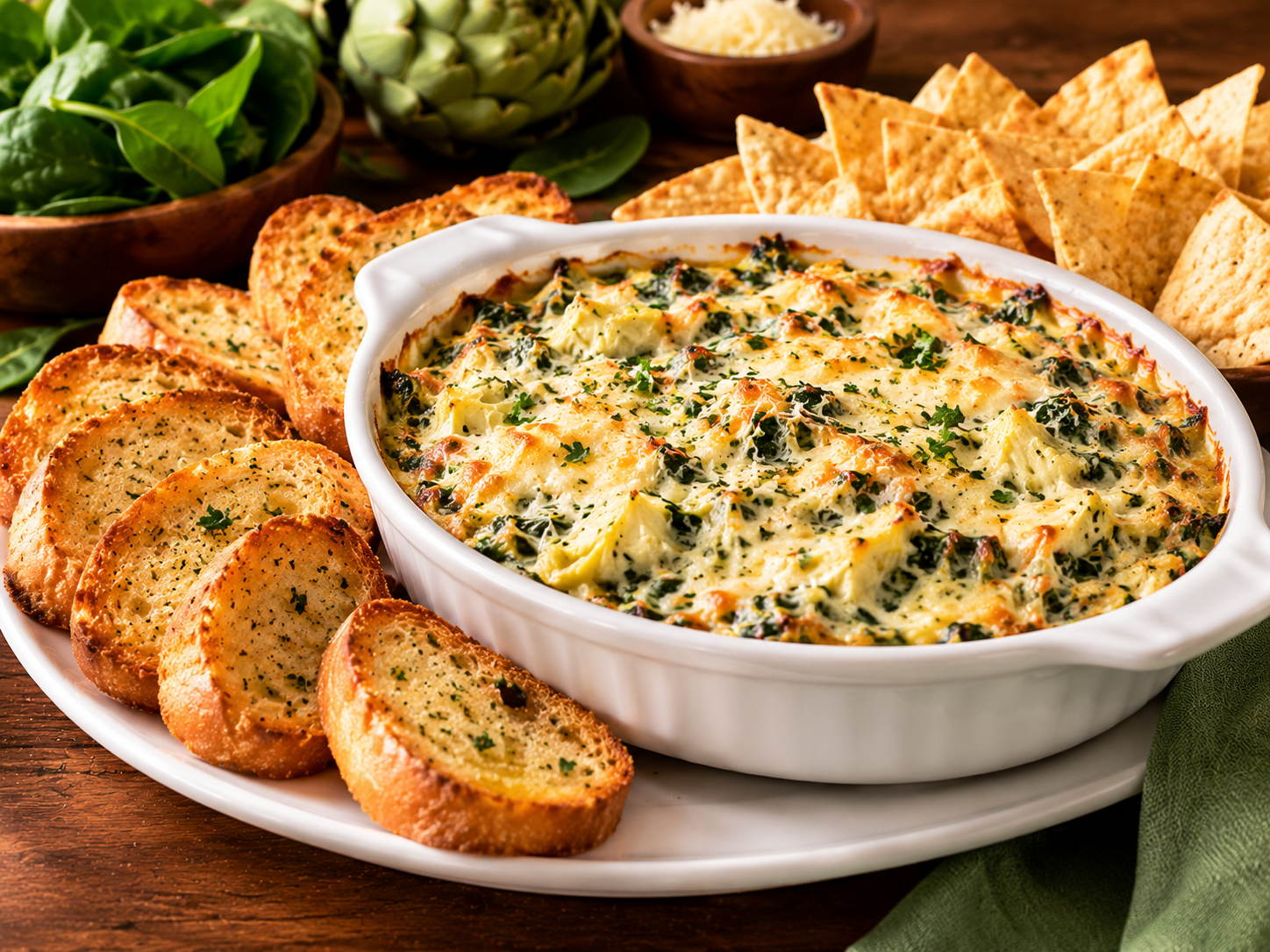 Warm spinach artichoke dip with crisps