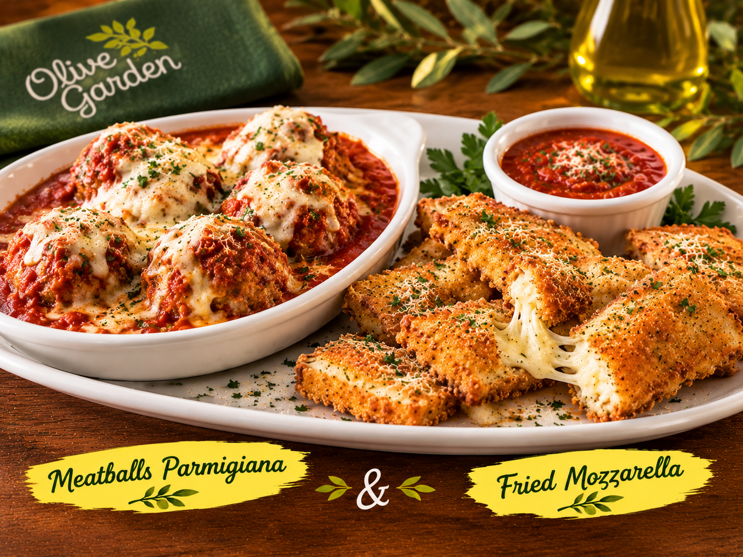 Meatballs parmigiana and fried mozzarella with marinara